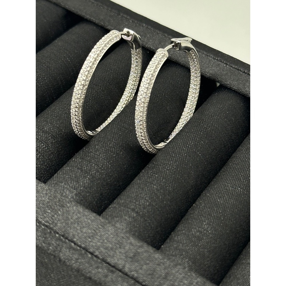 Sterling Silver 925 Inside Out CZ Hoop Earrings Pave Cubic Zirconia 1.5 Inch - Picture 7 of 11
